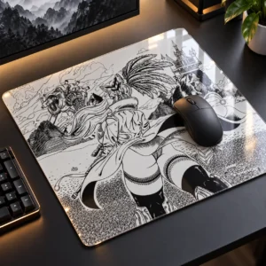 AI-generated illustrative mockup of a custom black-and-white glass mousepad on a desk with an unbranded black mouse